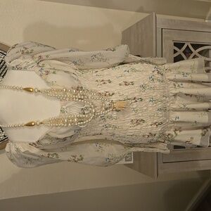 Cream Floral Mini Dress with Long Sheer Sleeves Mini Boho Chic NWOT